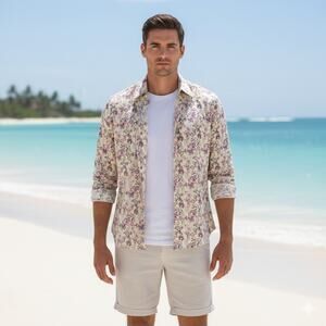 Stanza Men's Yellow Floral Linen Button Up Shirt 15.5" neck 40 EU